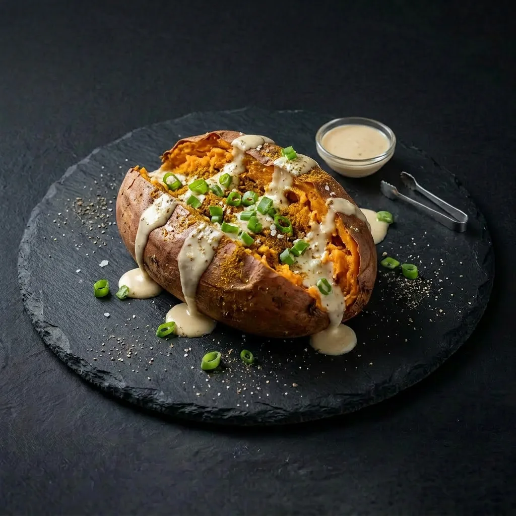 Печеный батат с сельдереевой солью, кокосовым соусом, карри и зелёным луком