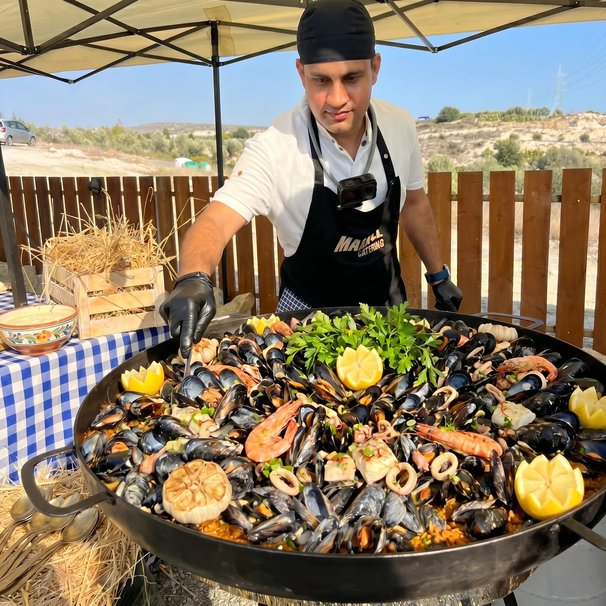 Mediterranean Mussels Live Station - Мидии в сливочном соусе на огромной сковороде при гостях подача с чесночными крутонами
