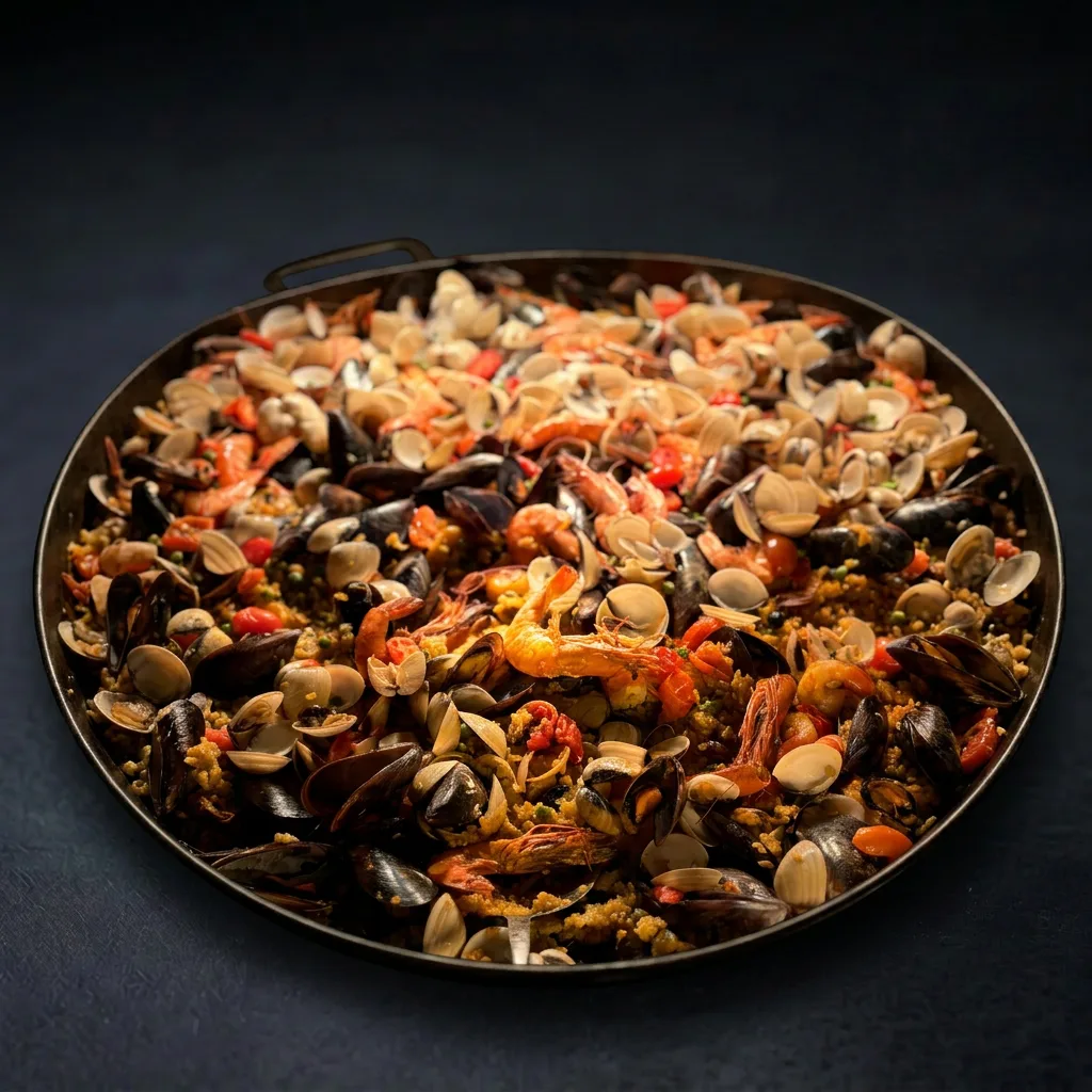 Испанская паэлья с чоризо, курицей, креветками, кальмарами, мидиями, осьминогом и овощами