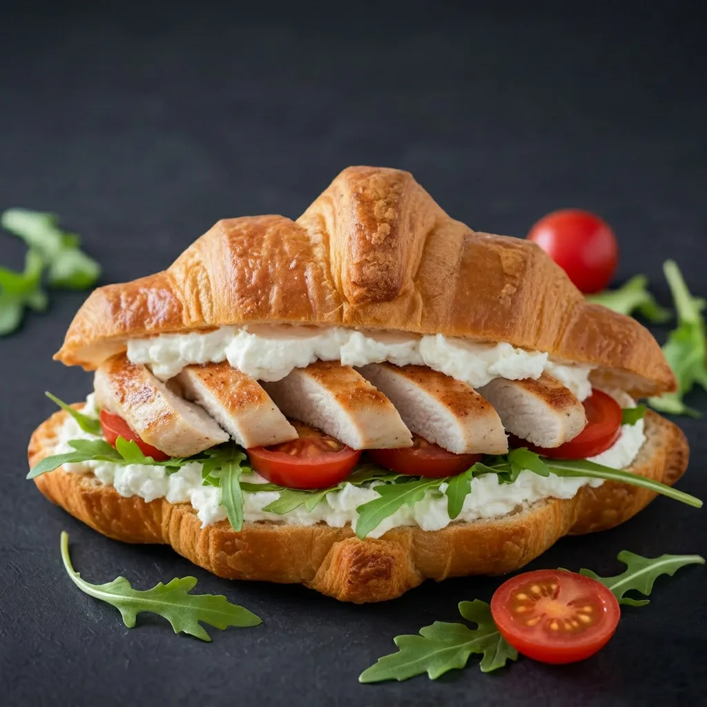 Мини круассан с куриным филе, томатами, рукколой и крем-чизом